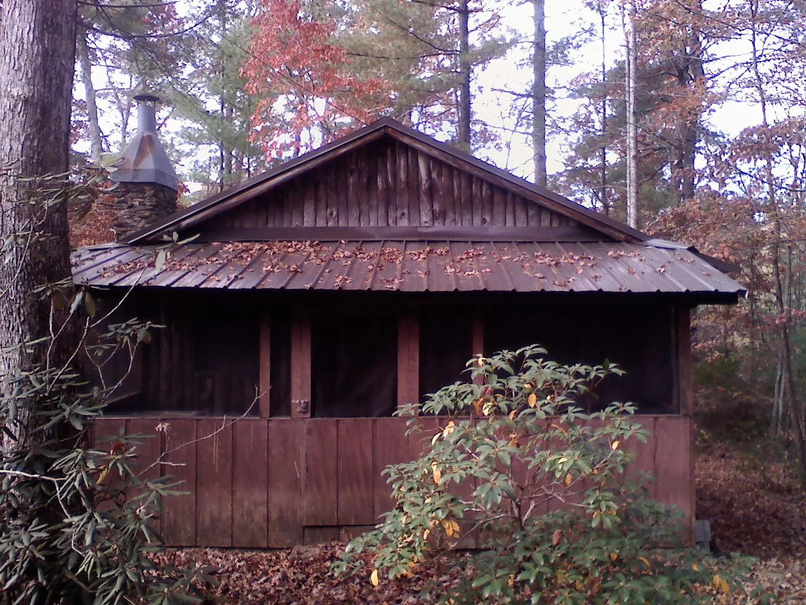 Metal roof over the screened porch of a rustic cabin in Mc Lean