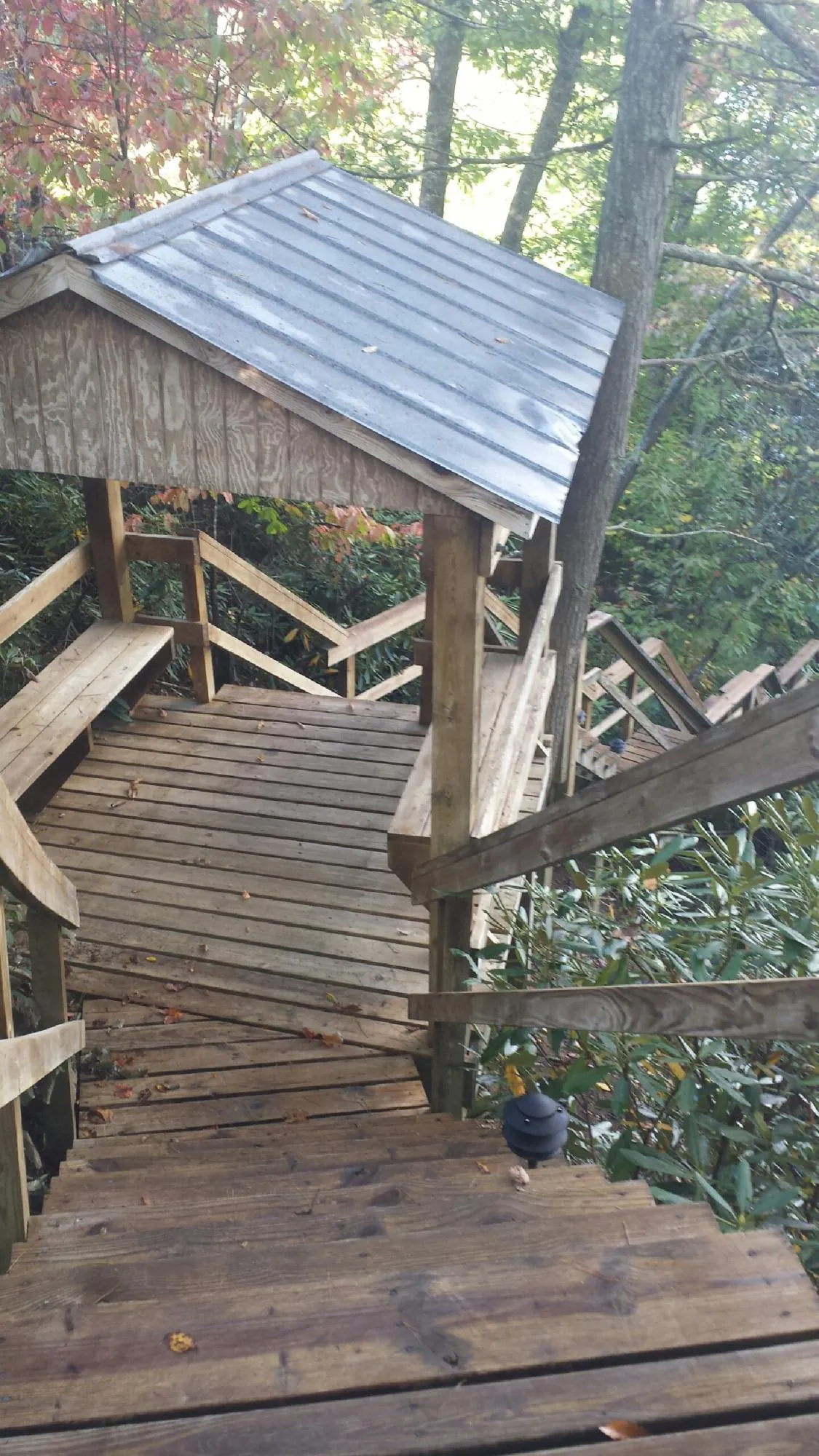 Metal roofed shelter over wooden steps on a wooded walkway — Skylight Repair & Installation work by our crew in Mc Lean